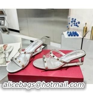 Stylish Valentino Rockstud PVC Wedge Slides Sandal 5cm with Clear Heel Silver 903080