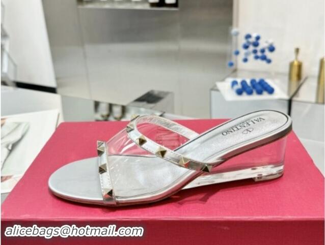 Stylish Valentino Rockstud PVC Wedge Slides Sandal 5cm with Clear Heel Silver 903080