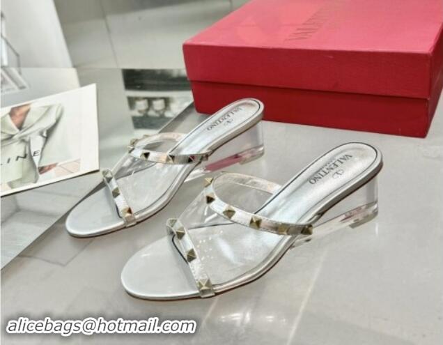 Stylish Valentino Rockstud PVC Wedge Slides Sandal 5cm with Clear Heel Silver 903080