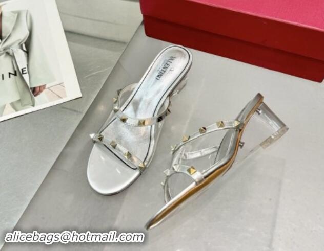 Stylish Valentino Rockstud PVC Wedge Slides Sandal 5cm with Clear Heel Silver 903080