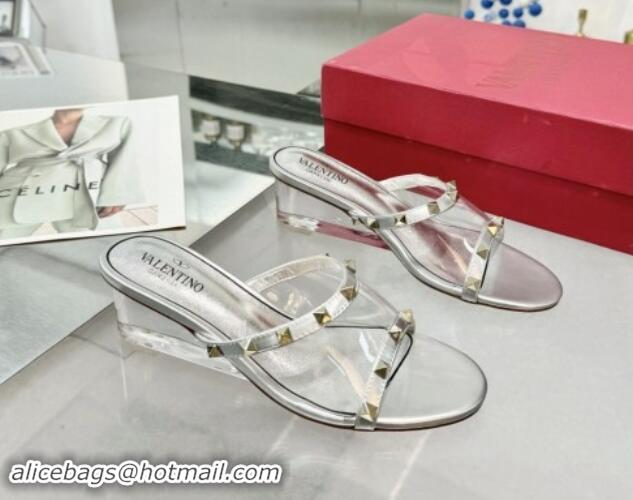 Stylish Valentino Rockstud PVC Wedge Slides Sandal 5cm with Clear Heel Silver 903080