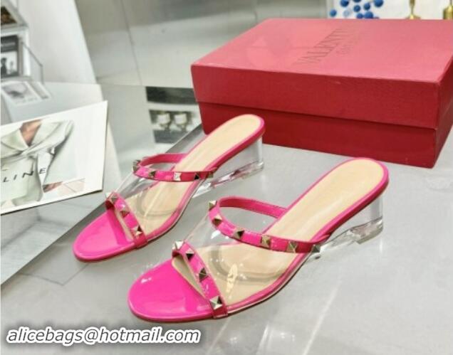 Pretty Style Valentino Rockstud PVC Wedge Slides Sandal 5/8.5cm with Clear Heel Pink 903081