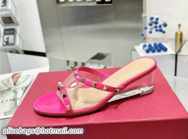 Pretty Style Valentino Rockstud PVC Wedge Slides Sandal 5/8.5cm with Clear Heel Pink 903081