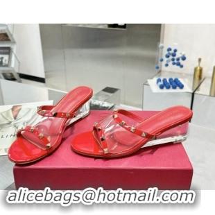 Shop Duplicate Valentino Rockstud PVC Wedge Slides Sandal 5cm with Clear Heel Red 903082