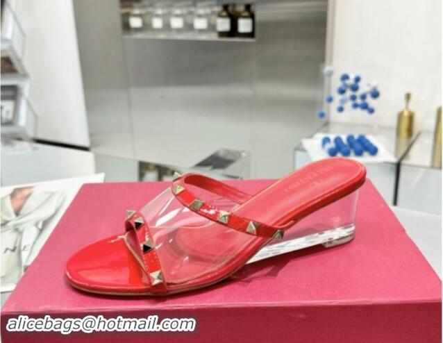 Shop Duplicate Valentino Rockstud PVC Wedge Slides Sandal 5cm with Clear Heel Red 903082