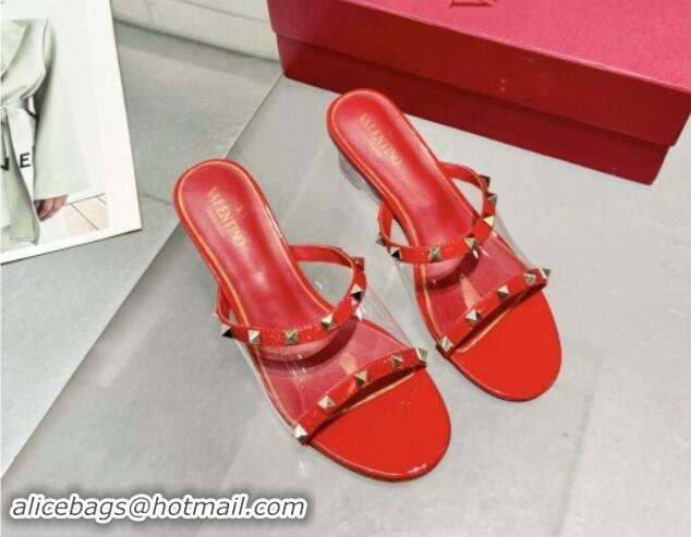 Shop Duplicate Valentino Rockstud PVC Wedge Slides Sandal 5cm with Clear Heel Red 903082