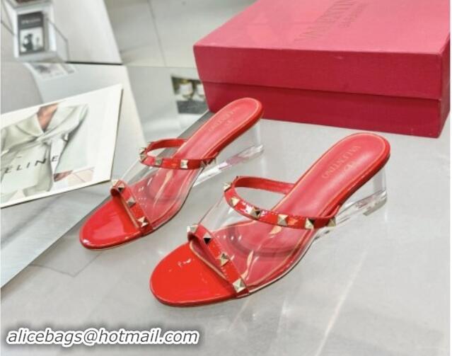 Shop Duplicate Valentino Rockstud PVC Wedge Slides Sandal 5cm with Clear Heel Red 903082