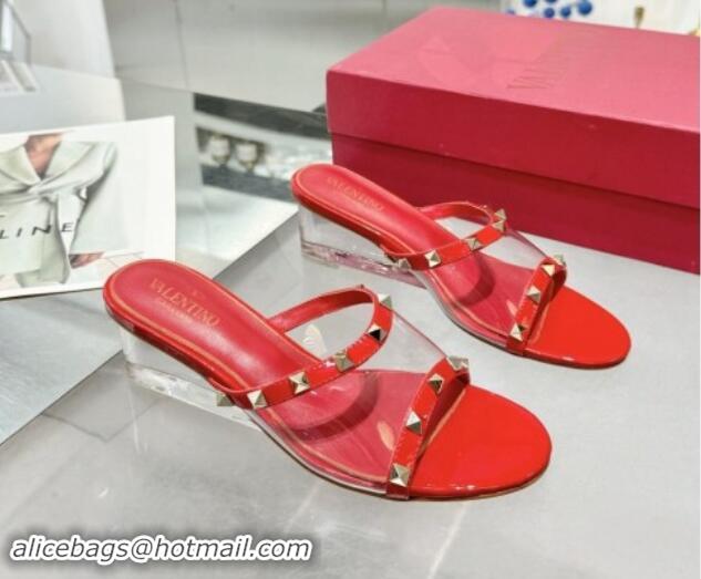 Shop Duplicate Valentino Rockstud PVC Wedge Slides Sandal 5cm with Clear Heel Red 903082