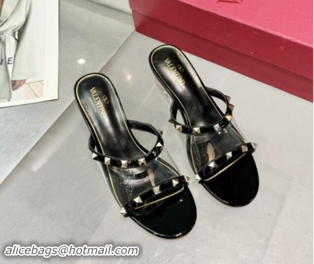 Top Grade Valentino Rockstud PVC Wedge Slides Sandal 5cm with Clear Heel Black 903083