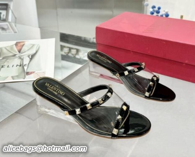 Top Grade Valentino Rockstud PVC Wedge Slides Sandal 5cm with Clear Heel Black 903083