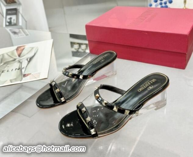 Top Grade Valentino Rockstud PVC Wedge Slides Sandal 5cm with Clear Heel Black 903083