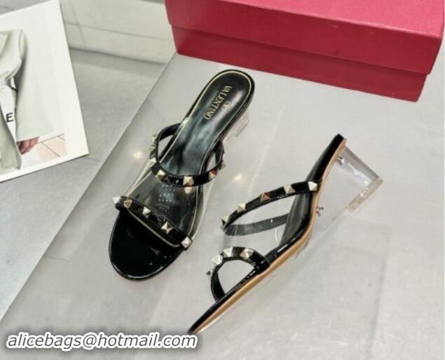 Top Grade Valentino Rockstud PVC Wedge Slides Sandal 5cm with Clear Heel Black 903083