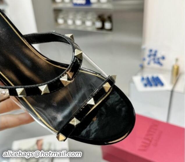 Top Grade Valentino Rockstud PVC Wedge Slides Sandal 5cm with Clear Heel Black 903083