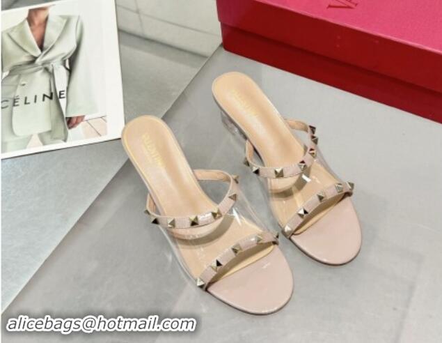 Best Product Valentino Rockstud PVC Wedge Slides Sandal 5cm with Clear Heel Nude 903084