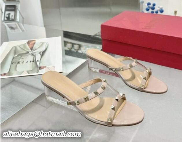 Best Product Valentino Rockstud PVC Wedge Slides Sandal 5cm with Clear Heel Nude 903084