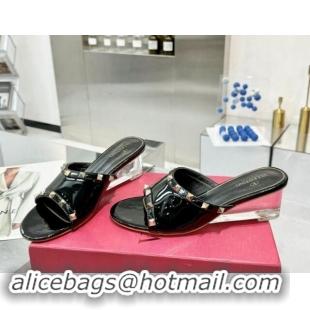 Best Price Valentino Rockstud Patent Calfskin Wedge Slides Sandal 5/8.5cm with Clear Heel Black 903086