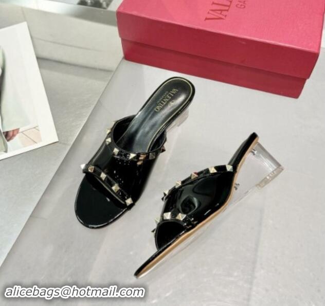 Best Price Valentino Rockstud Patent Calfskin Wedge Slides Sandal 5/8.5cm with Clear Heel Black 903086