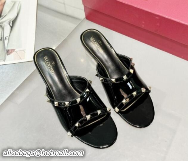 Best Price Valentino Rockstud Patent Calfskin Wedge Slides Sandal 5/8.5cm with Clear Heel Black 903086