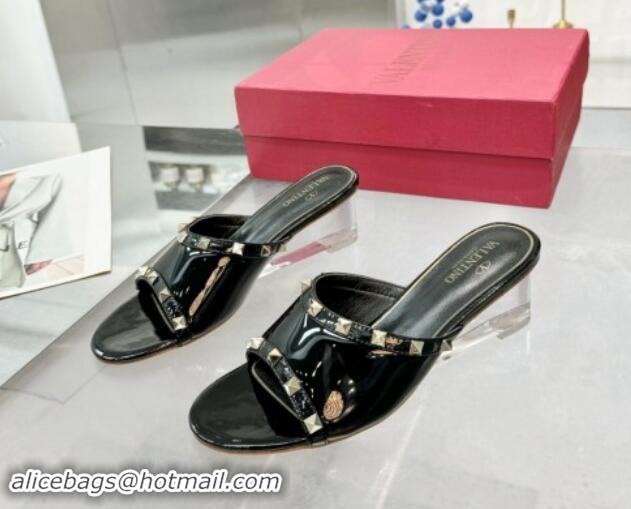 Best Price Valentino Rockstud Patent Calfskin Wedge Slides Sandal 5/8.5cm with Clear Heel Black 903086