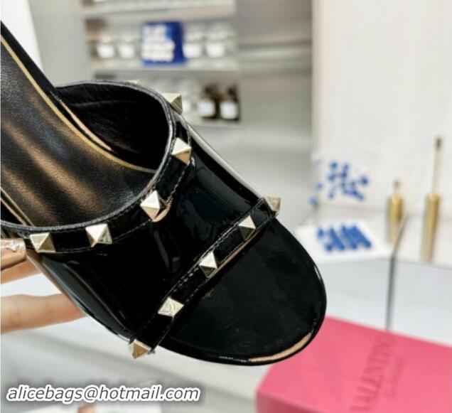 Best Price Valentino Rockstud Patent Calfskin Wedge Slides Sandal 5/8.5cm with Clear Heel Black 903086