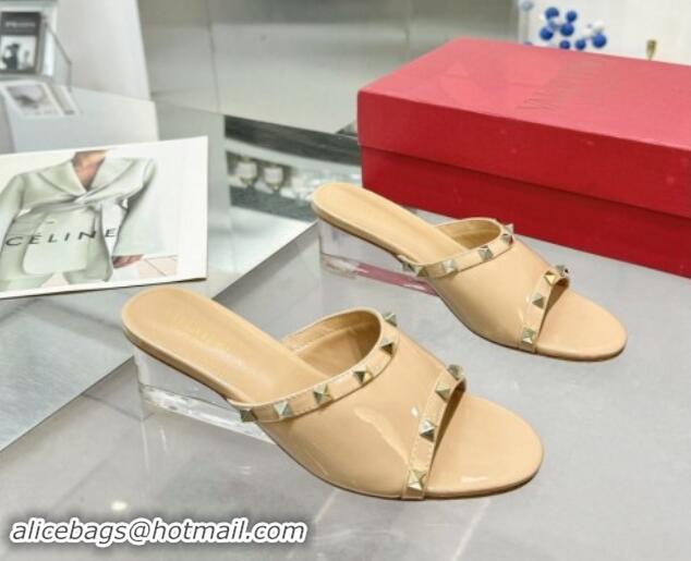 Perfect Valentino Rockstud Patent Calfskin Wedge Slides Sandal 5/8.5cm with Clear Heel Beige 903085