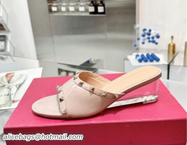 Durable Valentino Rockstud Patent Calfskin Wedge Slides Sandal 5cm with Clear Heel Powder Pink 903087