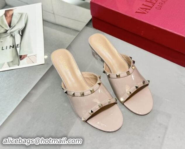 Durable Valentino Rockstud Patent Calfskin Wedge Slides Sandal 5cm with Clear Heel Powder Pink 903087