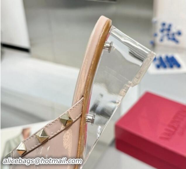 Durable Valentino Rockstud Patent Calfskin Wedge Slides Sandal 5cm with Clear Heel Powder Pink 903087