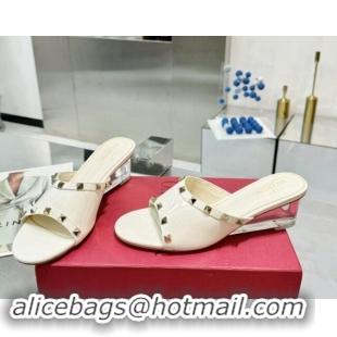 Luxurious Valentino Rockstud Patent Calfskin Wedge Slides Sandal 5/8.5cm with Clear Heel White 903088