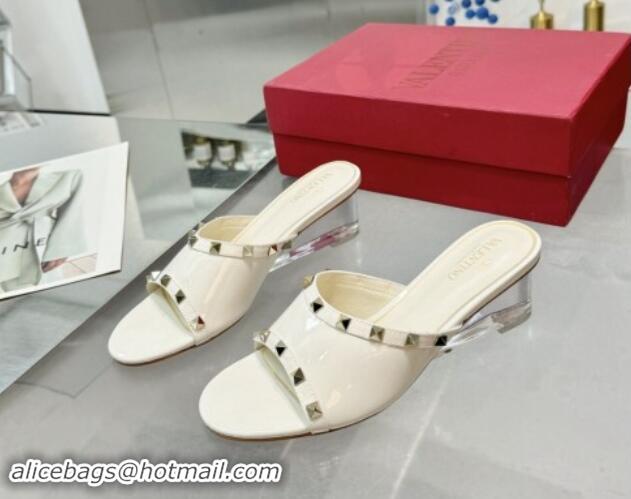 Luxurious Valentino Rockstud Patent Calfskin Wedge Slides Sandal 5/8.5cm with Clear Heel White 903088