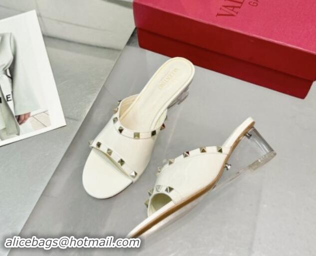 Luxurious Valentino Rockstud Patent Calfskin Wedge Slides Sandal 5/8.5cm with Clear Heel White 903088