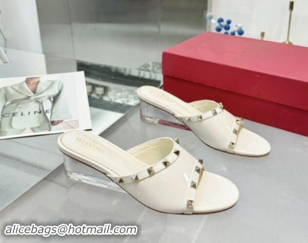 Luxurious Valentino Rockstud Patent Calfskin Wedge Slides Sandal 5/8.5cm with Clear Heel White 903088