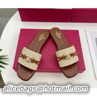 Good Looking Valentino The Bold Edition VLogo Raffia Straw Flat Slides Sandal Brown 0903089