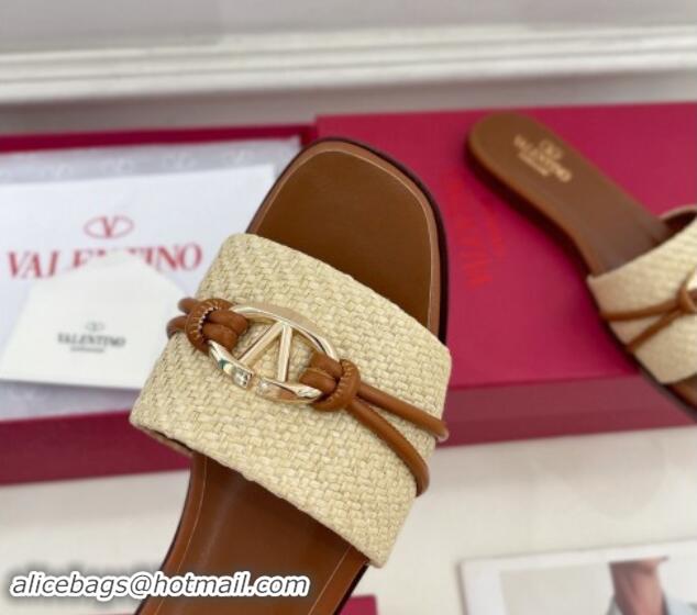 Good Looking Valentino The Bold Edition VLogo Raffia Straw Flat Slides Sandal Brown 0903089