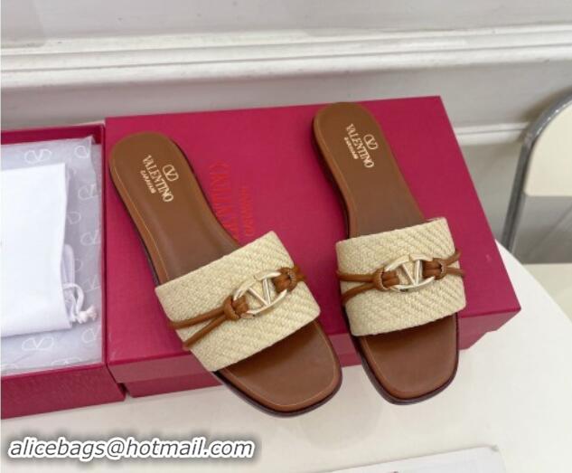 Good Looking Valentino The Bold Edition VLogo Raffia Straw Flat Slides Sandal Brown 0903089