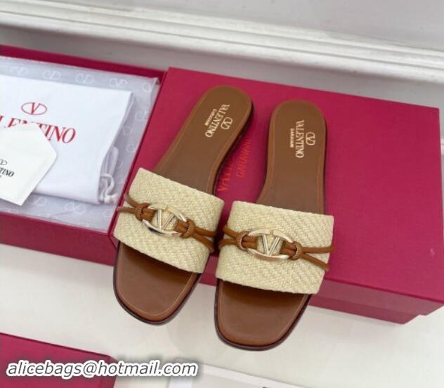 Good Looking Valentino The Bold Edition VLogo Raffia Straw Flat Slides Sandal Brown 0903089