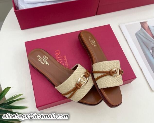 Good Looking Valentino The Bold Edition VLogo Raffia Straw Flat Slides Sandal Brown 0903089