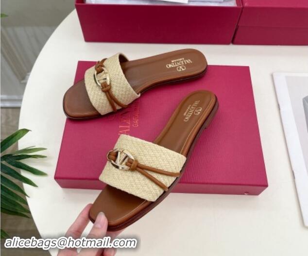 Good Looking Valentino The Bold Edition VLogo Raffia Straw Flat Slides Sandal Brown 0903089