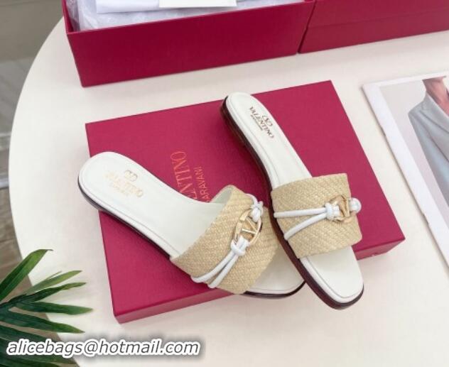 Buy Luxury Valentino The Bold Edition VLogo Raffia Straw Flat Slides Sandal White 903090