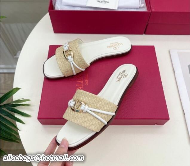 Buy Luxury Valentino The Bold Edition VLogo Raffia Straw Flat Slides Sandal White 903090