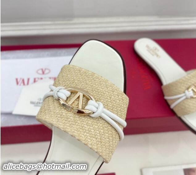 Buy Luxury Valentino The Bold Edition VLogo Raffia Straw Flat Slides Sandal White 903090