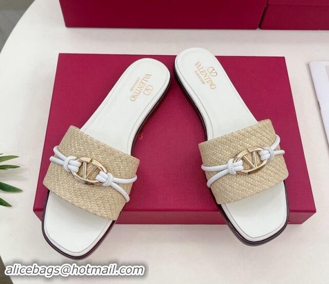 Buy Luxury Valentino The Bold Edition VLogo Raffia Straw Flat Slides Sandal White 903090