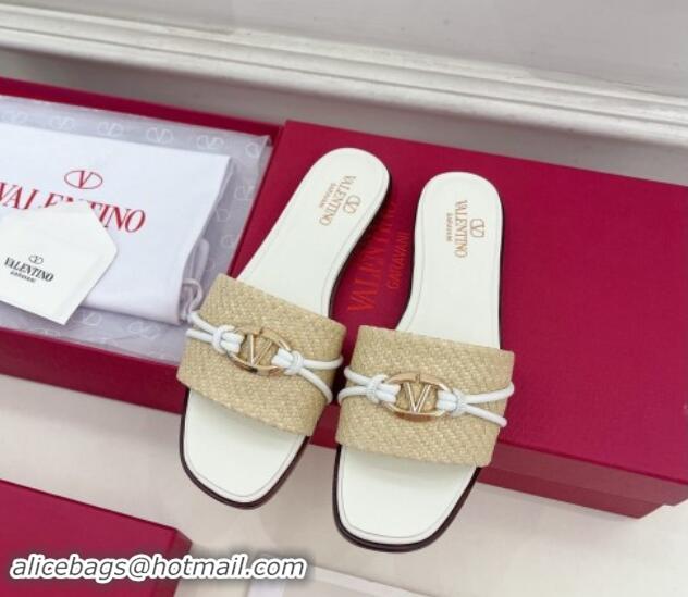 Buy Luxury Valentino The Bold Edition VLogo Raffia Straw Flat Slides Sandal White 903090