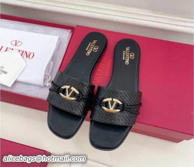 Low Price Valentino The Bold Edition VLogo Raffia Straw Flat Slides Sandal Black 903091