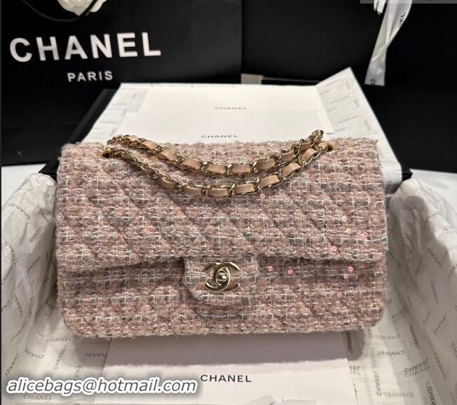 Luxury Classic Chanel Classic Tweed & Sequins Medium Flap Bag A01112 Nude Pink 2024