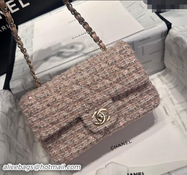 Spot Bulk Chanel Classic Tweed & Sequins Mini Flap Bag A69900 Nude Pink 2024