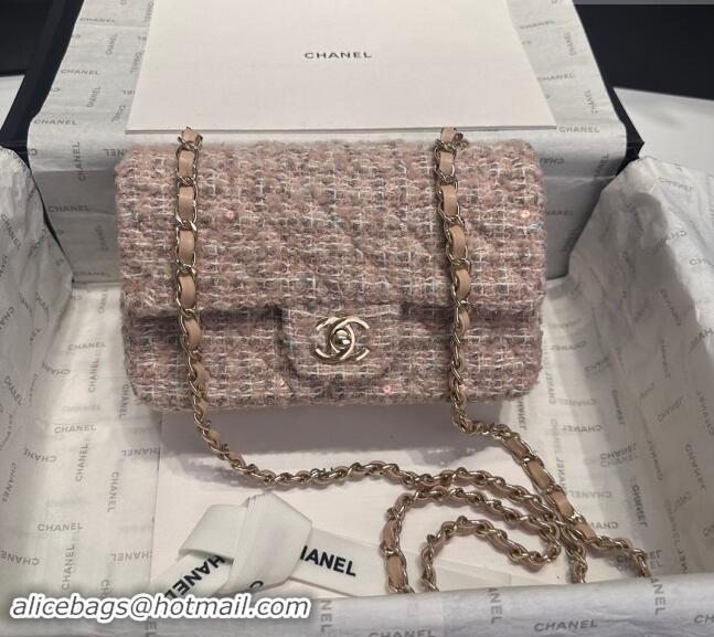 Spot Bulk Chanel Classic Tweed & Sequins Mini Flap Bag A69900 Nude Pink 2024