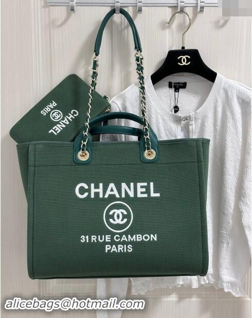 New Design Chanel Deauville Cotton & Calfskin Large Shopping Bag A66941 Olive Green 2024