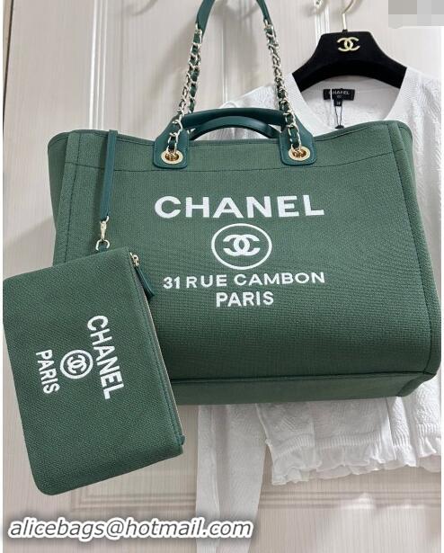 New Design Chanel Deauville Cotton & Calfskin Large Shopping Bag A66941 Olive Green 2024