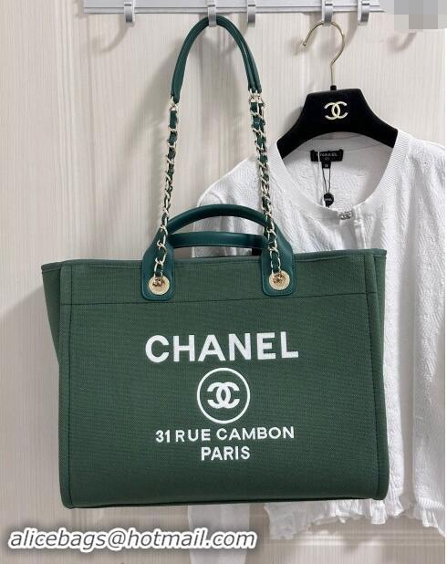 New Design Chanel Deauville Cotton & Calfskin Large Shopping Bag A66941 Olive Green 2024